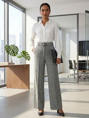 White House Black Market Class High-Waist Wide-Leg Tweed Pants - Black and White